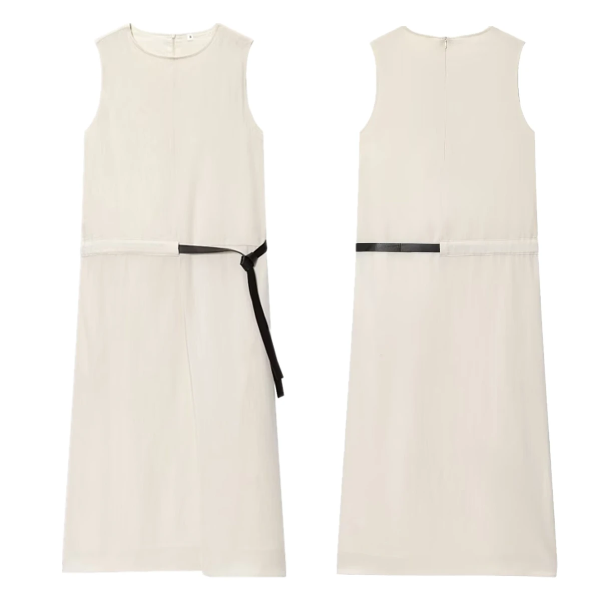 

Maxdutti French Elegant Belt Decorated Round Neck Sleeveless Dress Minimalist Beige Lazy Midi Shift Dress Women