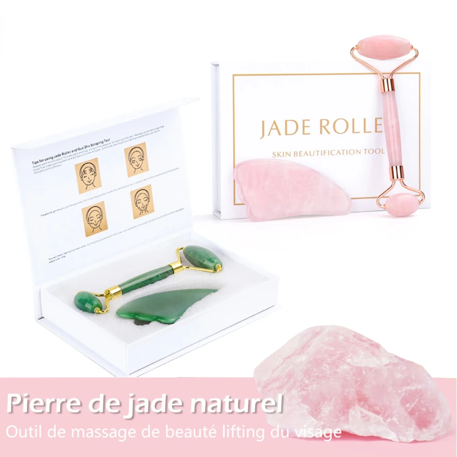 

Natural Rose Quartz Roller Facial Jade Roller Stone Gua sha Scraper Face Lifting Massage Skin Eye Body Massager Beauty Care Tool