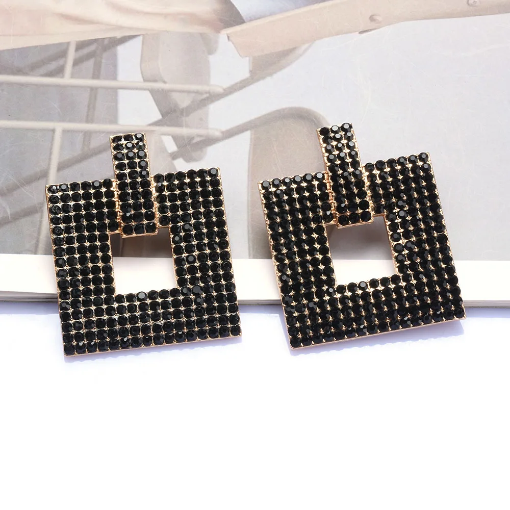 Fashio Crystal Rhinestones Big Square Dangle Earrings Women Indian Ethnic Statement Large Drop Earrings Jewelry 2024 New