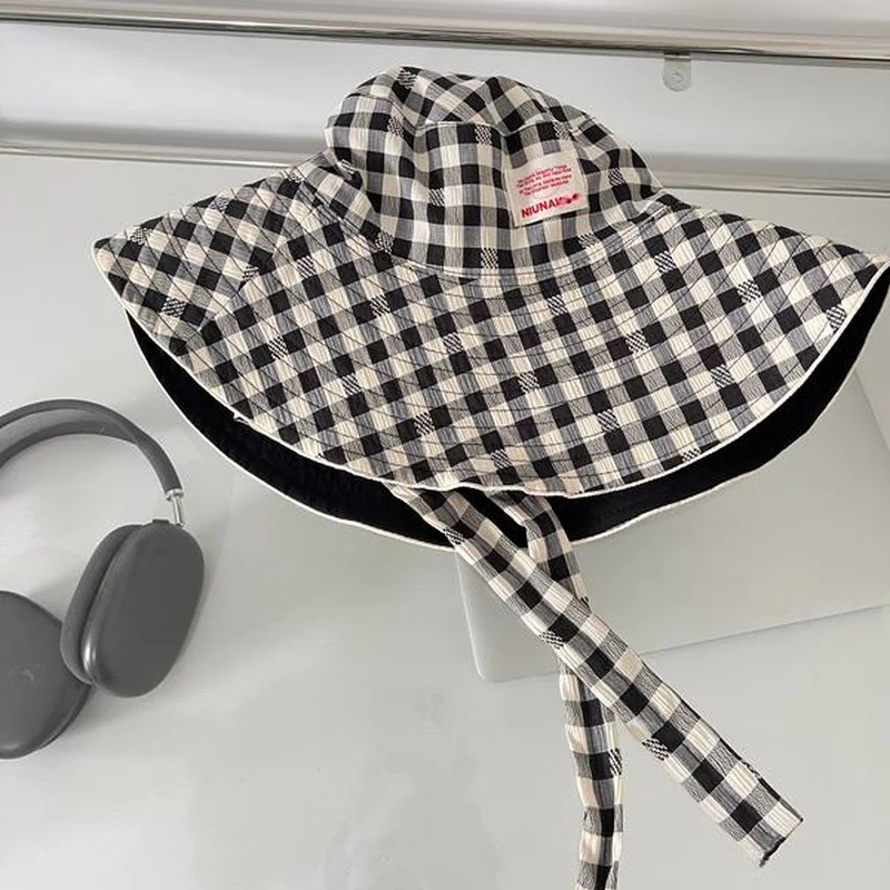 Plaid Bucket Hat Double Sided Reversible Sun Protection For Beach Travel Outdoor Women