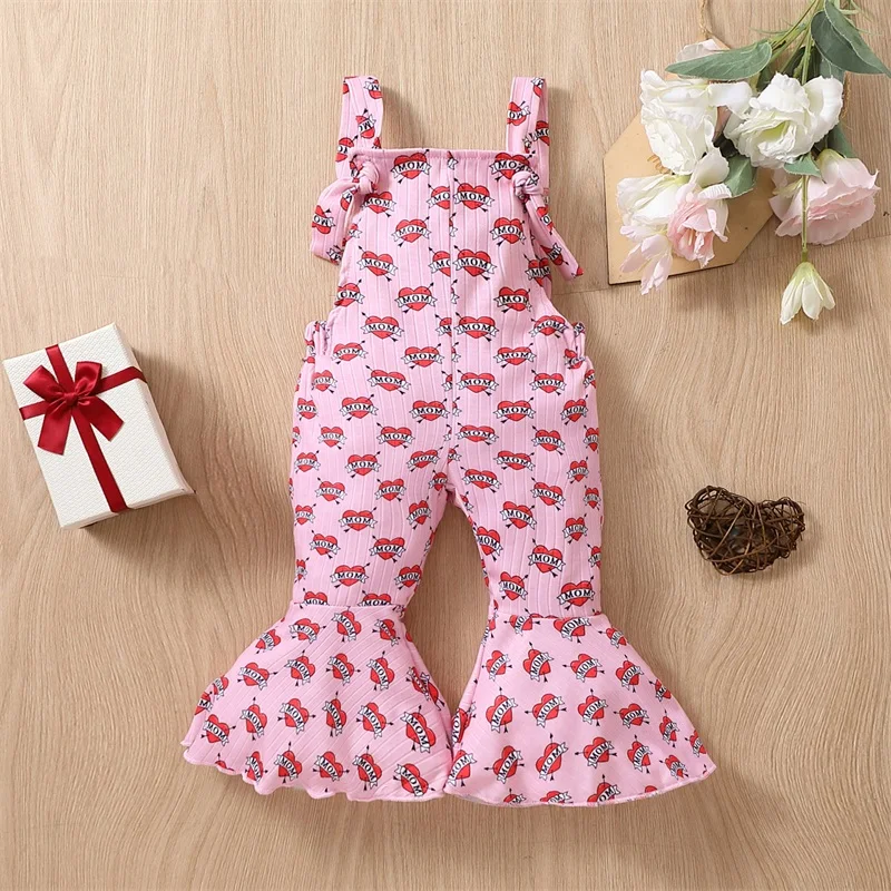 

Girls Valentine s Day Pink Heart Print Sleeveless Jumpsuit with Flared Pants and Suspender for Casual Wear