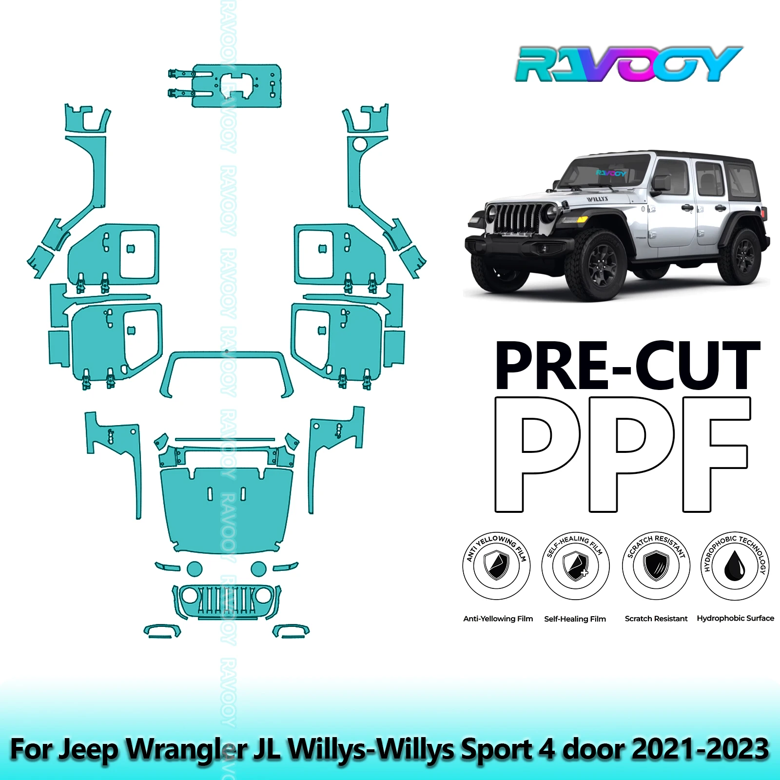 

8.5Mil Precut PPF Paint Protection Film Full Vehicle For Jeep Wrangler JL Willys-Willys Sport 4 Door 2021-2023