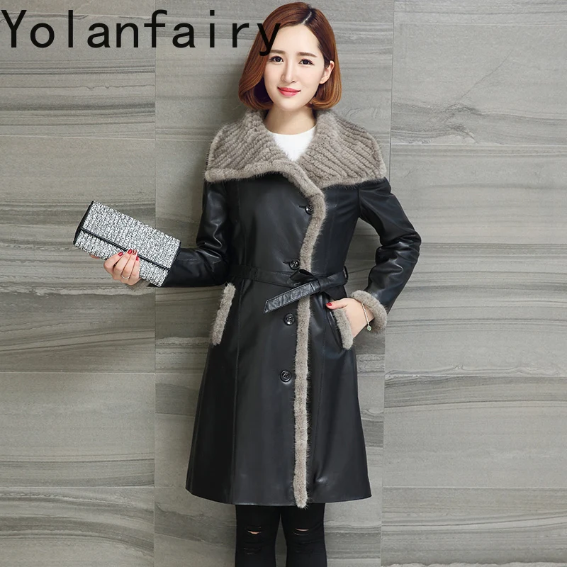 YOLANFAIRY Real Sheepskin Genuine Leather Jacket Women Autumn Winter Luxury Mink Fur Liner Coat Woman Mid-long Trench Fur Coats