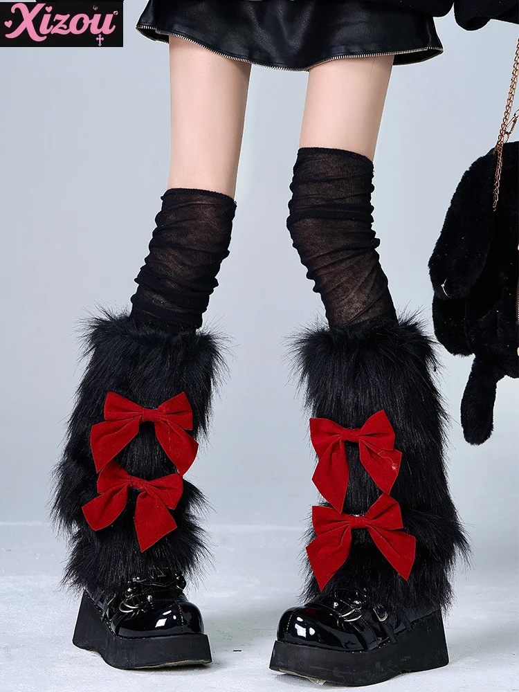 

Subculture Y2k Warm Hairy Leg Cover Sweet Cool Girl Christmas Plush Socks Cover Personalized New Year Wide Red Bow Knee Socks