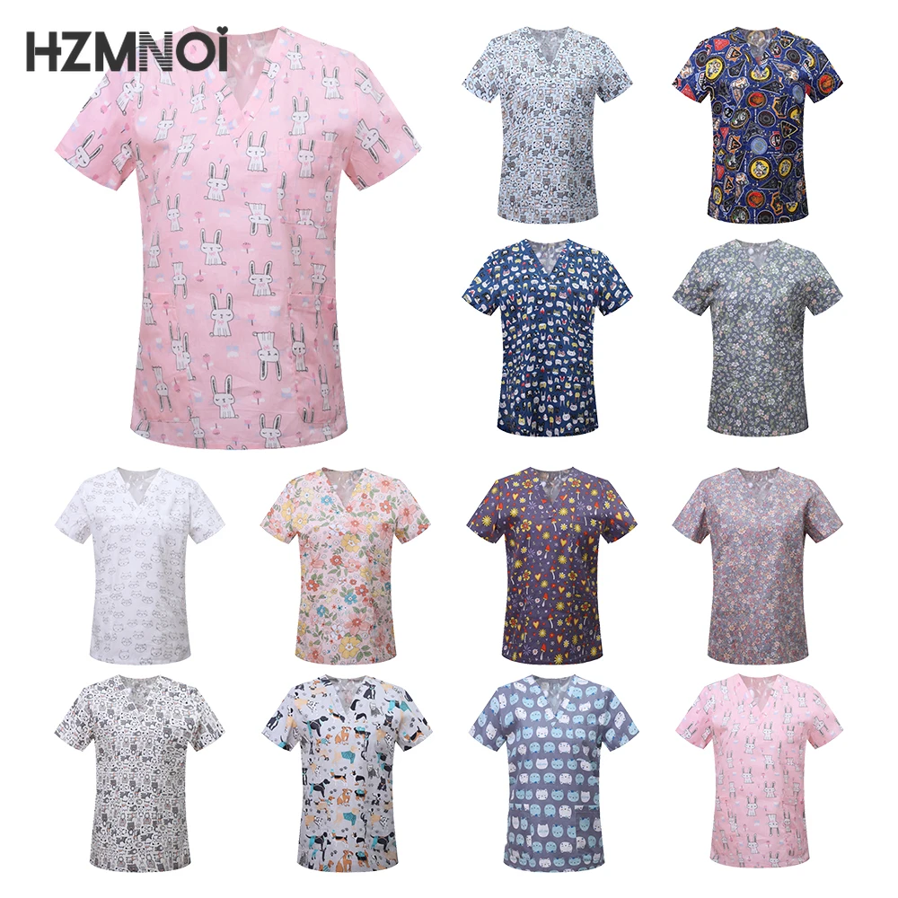 

Cartoon Animals Print Pet Clinic Hospital Nursing Scrub Tops Shirts cotton Dentistry Doctor Blouse Medical Surgical Uniforms