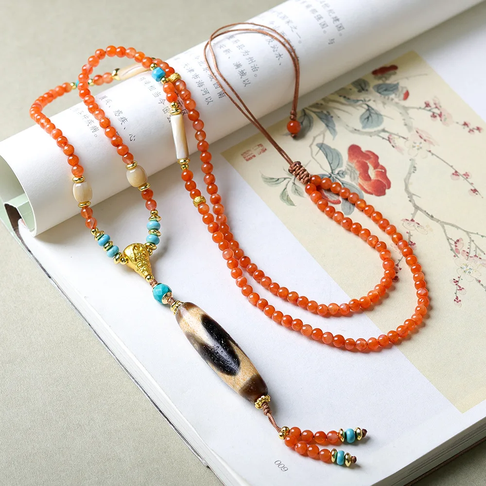 New Chinese Nanhong Agate Necklace Wenchuan Tibetan Jewellery Tiger Teeth Dzi Bead Fish Bone Sweater Chain necklaces long