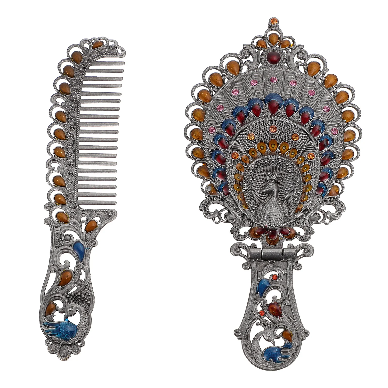 

1Set Embossed Peacock Retro Compact Makeup Mirror Comb Set Portable Handheld Vanity Mirror Travel Tool Gift for Her