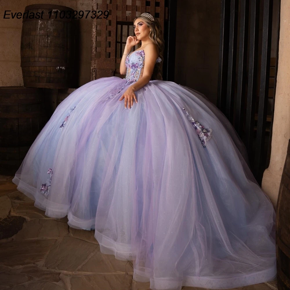 EVLAST Shiny Purple Quinceanera Dress Ball Gown 3D Floral Applique Beading Mexican Corset Sweet 16 Vestido De 15 Anos QD1018