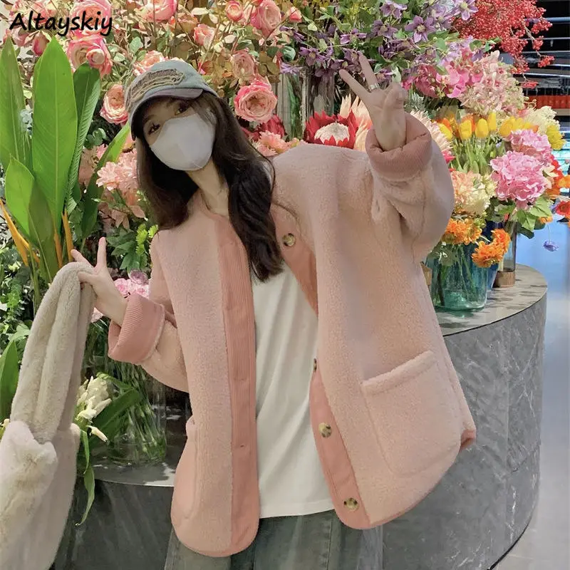 

Thicken Panelled Jackets Women Winter Warm Coat Sweet Baggy Vintage Pockets Streetwear Girlish Fashion Plus Velvet Cozy Ulzzang