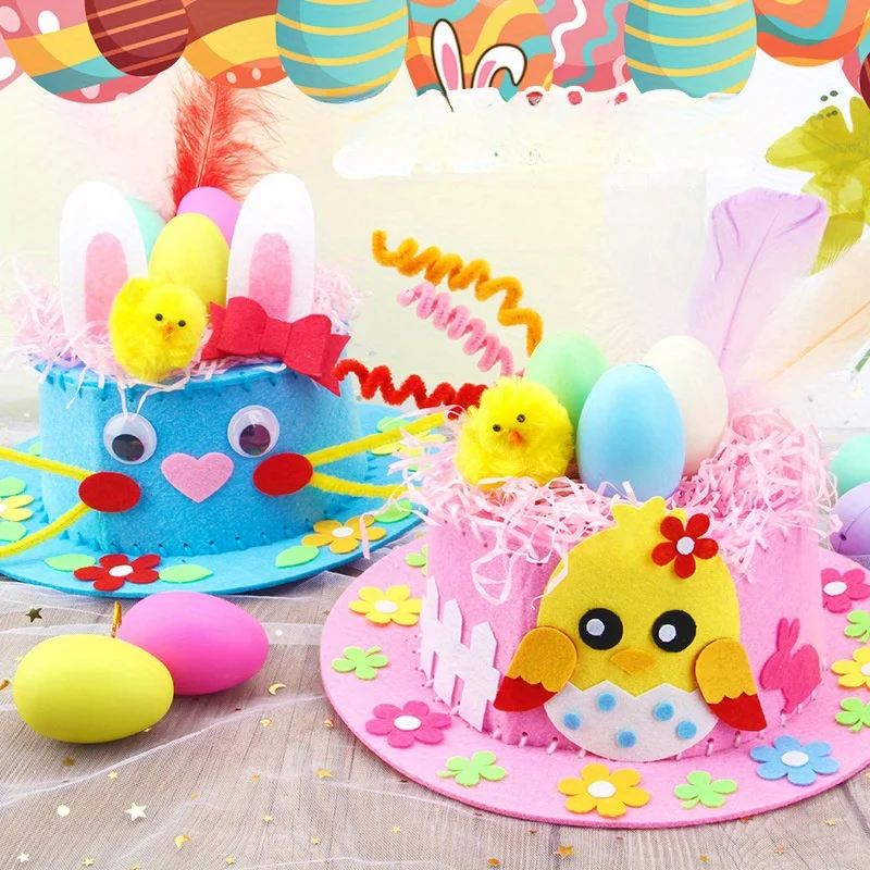 Easter Hats DIY Craft Kit with Handmade Feather Decorations Bunny Chick for Toddlers Kids Easter Party Kindergarten Photo Props
