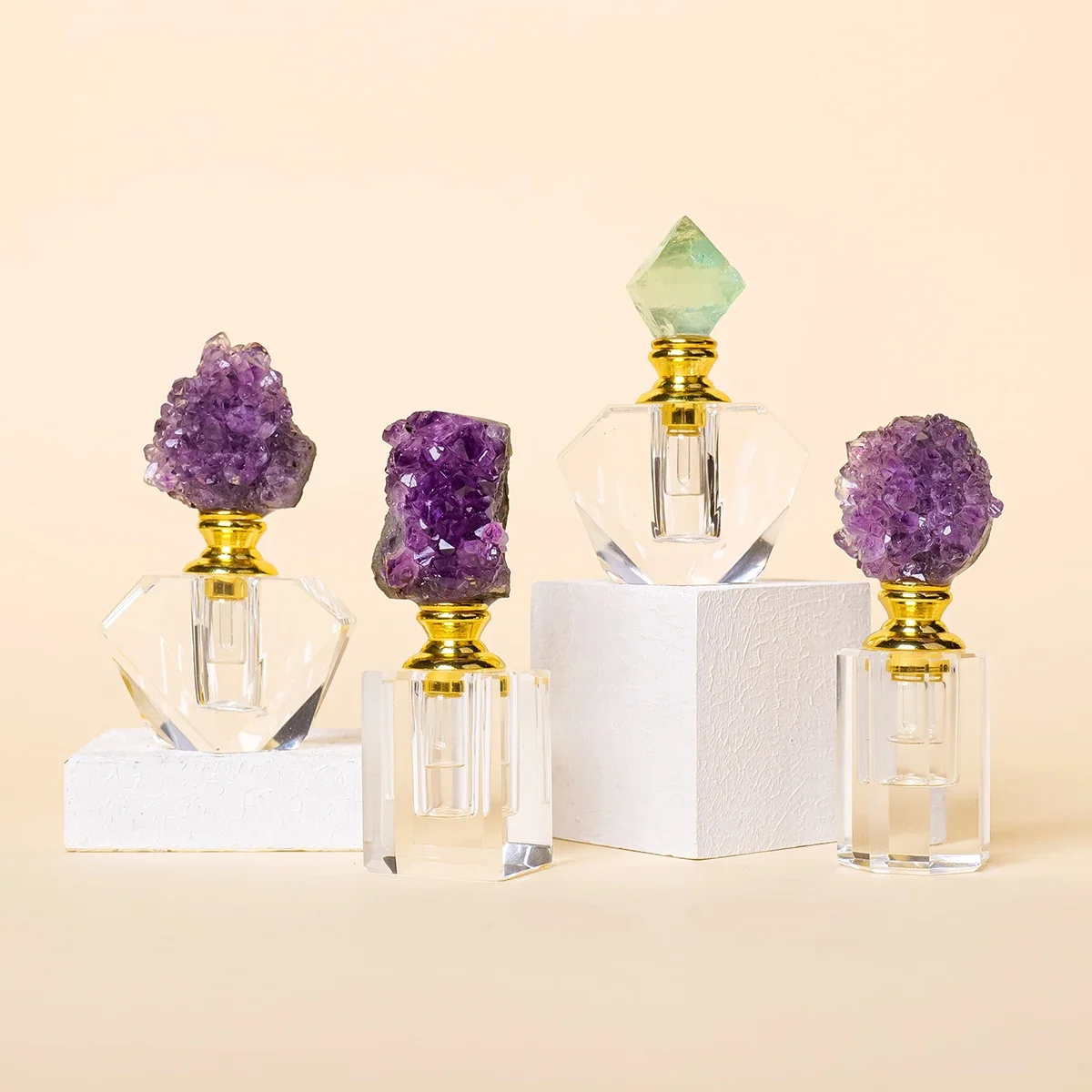 Natural Crystal Gem Amethyst Cluster Heal Stone Essential Oil Bottle Empty Refillable Perfume Dropper Bottle Cosmetic Container