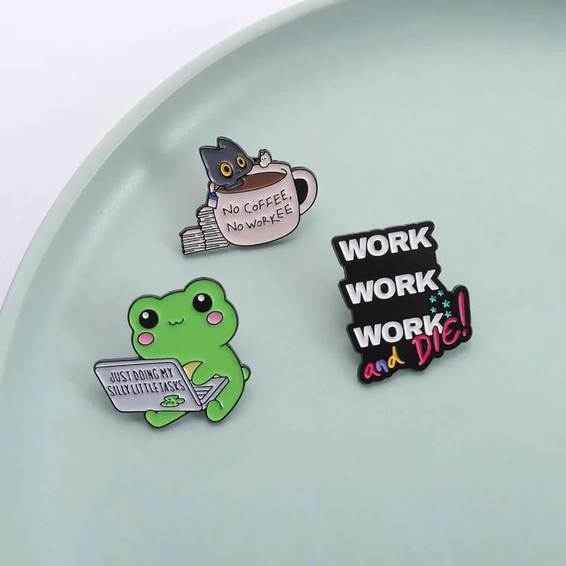 Funny Work Meme Enamel Pins Set 3Pcs No Coffee No Workee Cat Frog Brooches Work And Die Lapel Badges Gift For Office Workers