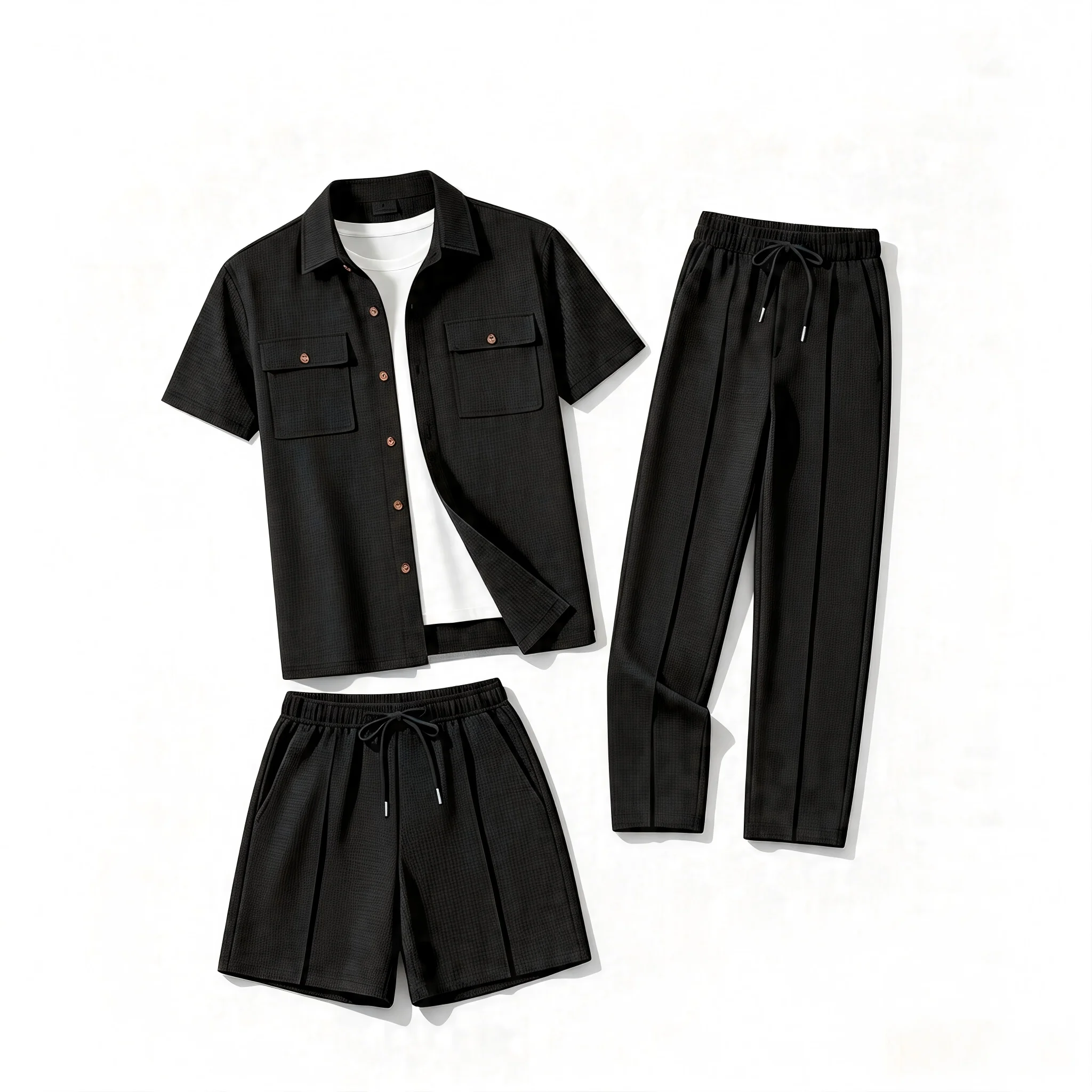 Men'sSummer Waffle Textured 3-in-1 Outfit Set Lapel Short Sleeve Shirt with Long Pants and Shorts Daily Casual Two-Way Wear Suit
