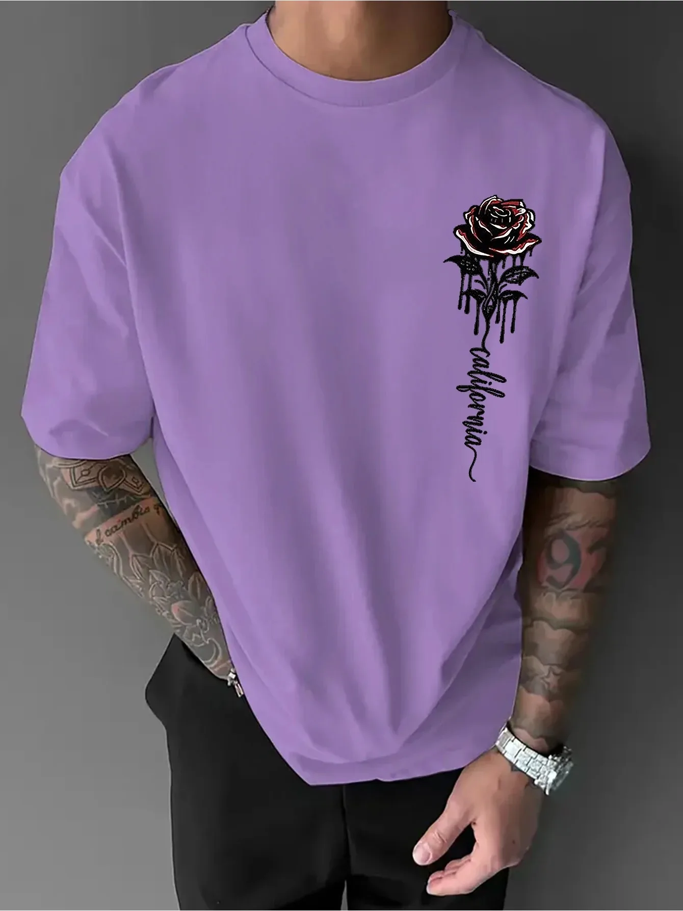 Men Oversized Crew Neck T‑Shirt, Dripping Rose California Chest Graphic Short Sleeve Tee, Casual Streetwear Aesthetic Loose Tops
