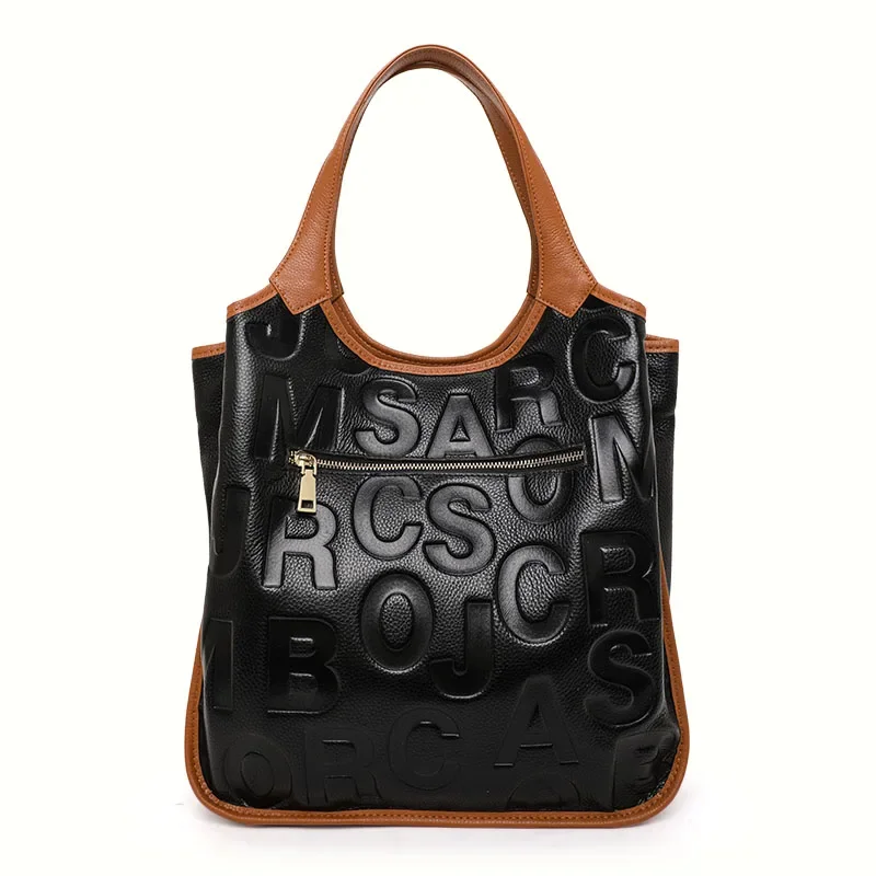 Genuine Cowhide Embossed Letter Tote Bag Detachable Cross Strap Large Multi Pocket Ladies Bag Daily Work Shopping Travel