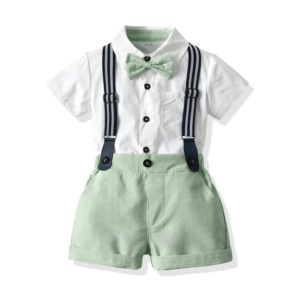 

2025 Summer Little Boys Gentleman Clothes Sets Baby Children Short Sleeve Shirt with Bowtie+suspenders Shorts Outfits Fashion