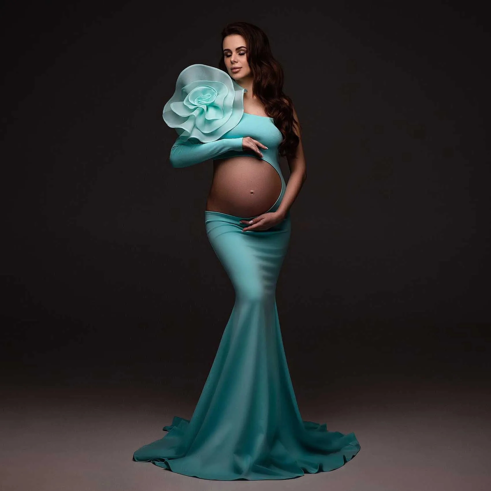 

Elegance 3D Flower Mermaid Maternity Dress Photoshoot платье для беременных One Shoulder Cut-out Unique Baby Shower Dresses