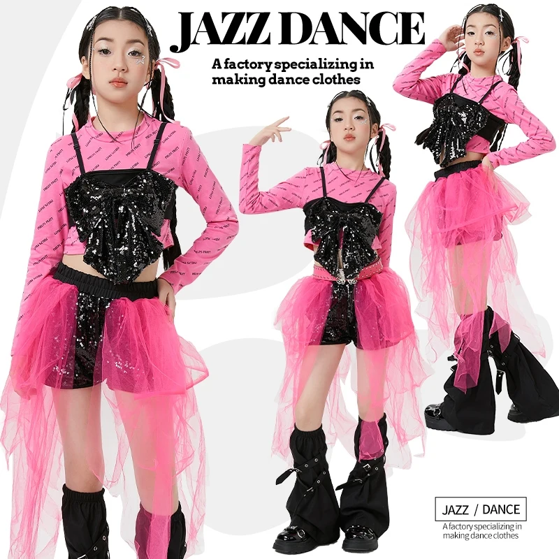 

Pink K POP Stage Outfits Street Dancing Set Girls Jazz Hip Hop Outfit Kid Performance Clothes Pink Tops Yarn Skirt Shorts XH2634