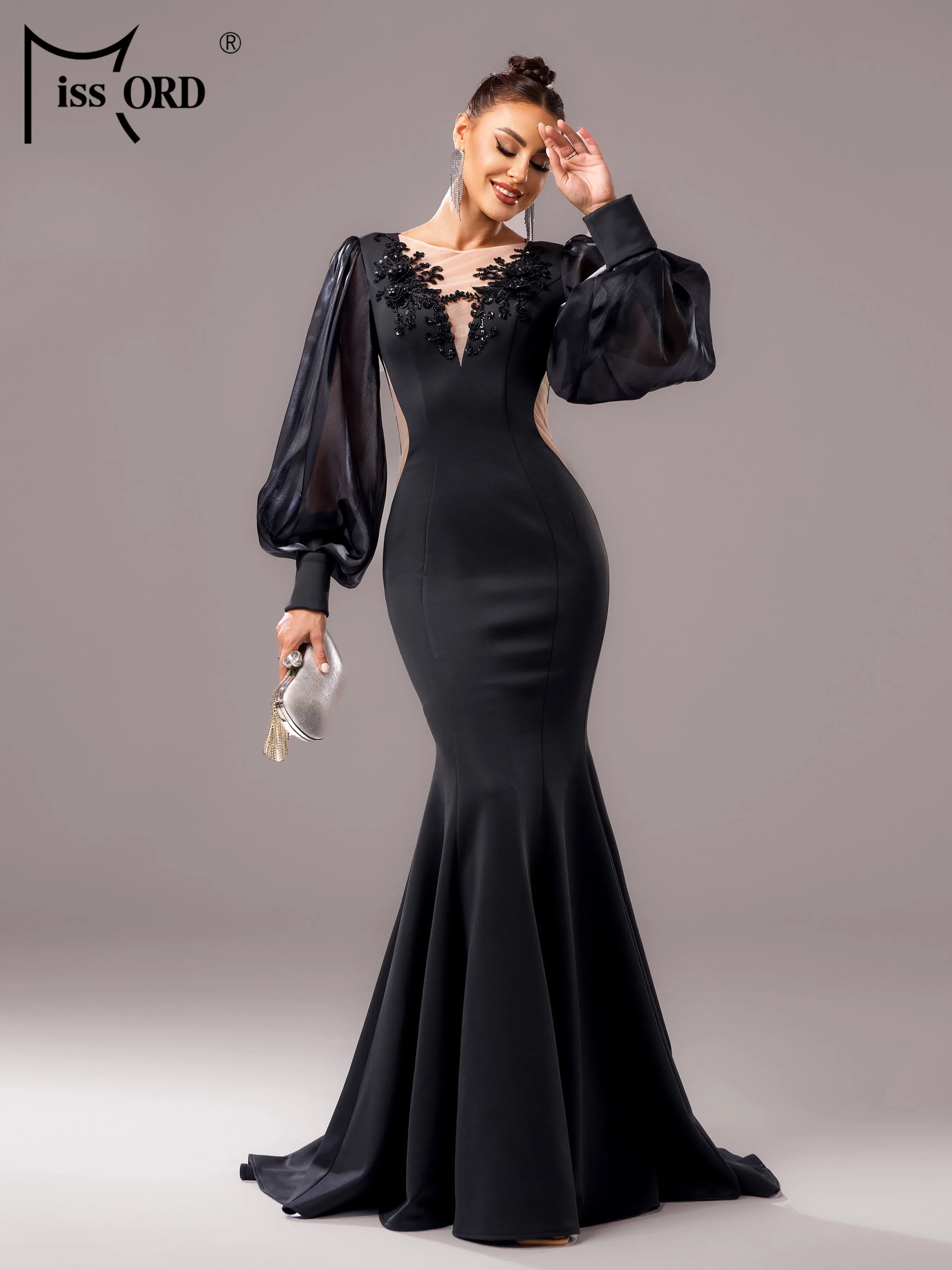 

Missord New Black Church Lantern Sleeves Mermaid Evening Floor Length Cocktail Prom Graduation Wedding Birthday Party Dress