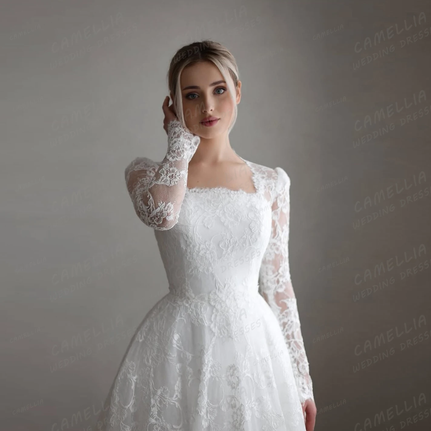 ボヘミアンレースのウェディングドレス A ライン女性のセクシーなアップリケブライダルドレスボートネック長袖エレガントな Vestidos De Novia カスタマイズ