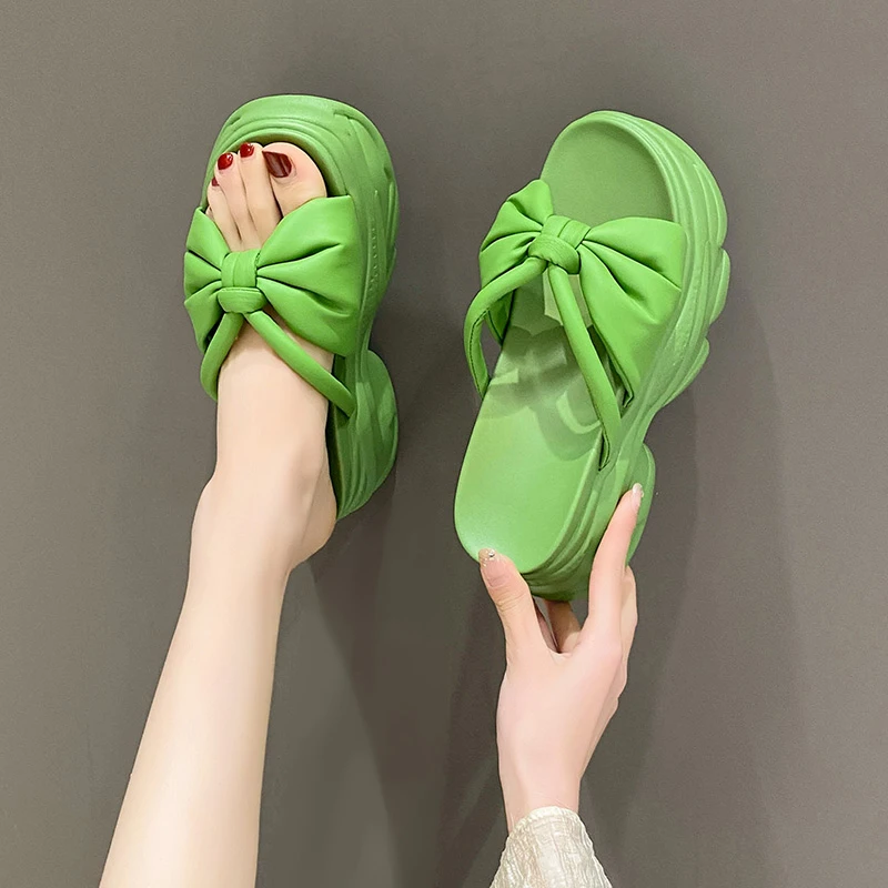 LazySea 9cm High Wedge Heels Slides Sandals Green Color Butterfly Knot Women Platform Slippers Height Increasing Outside Shoes