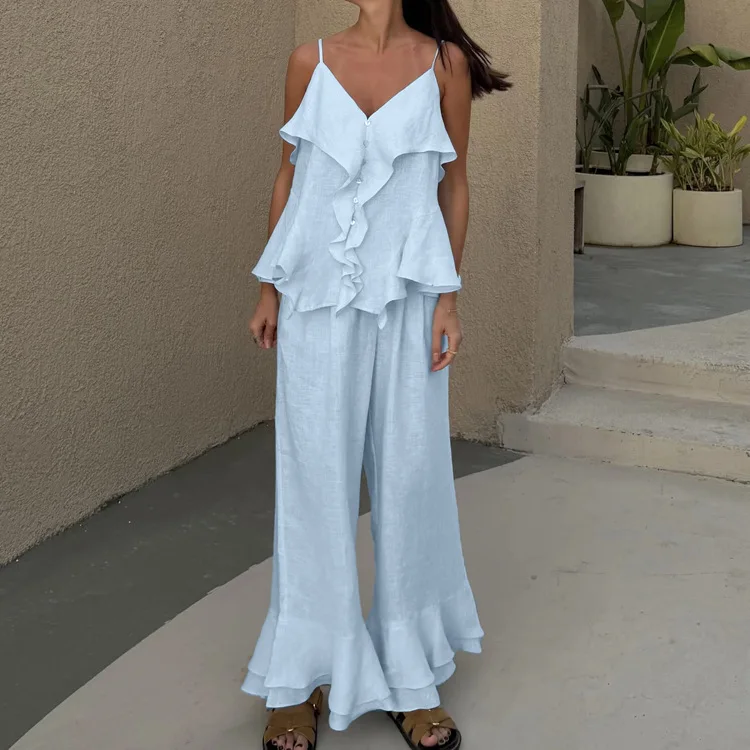 

Fashion Loose Blue Cotton Women's Two Pieces Set 2026 Summer Sleeveless Tank Top With High Waist Wide Pants Set Female