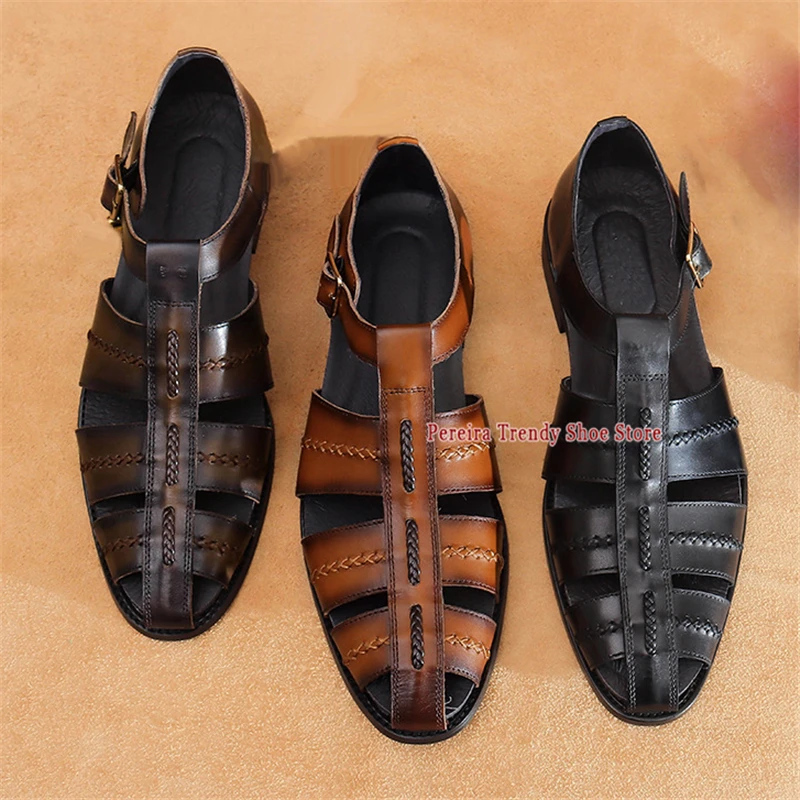 Men's Retro Cowhide Roman Sandals Summer Breathable Open Toe Hollow Belt Buckle Casual Shoes British Style Party Male Shoes - view 6