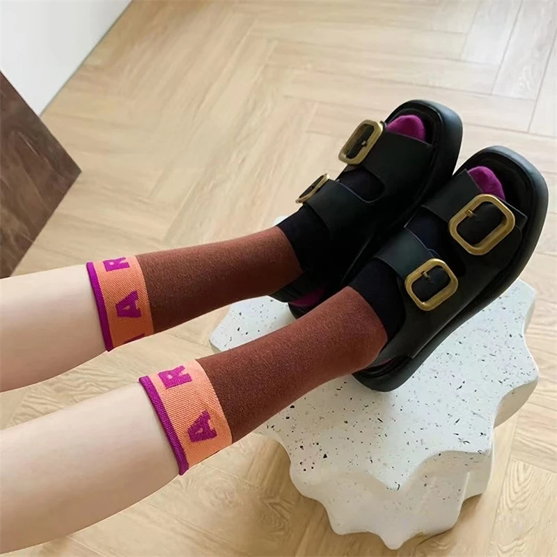 Spring and Summer New Fashion Socks Children's Personality Simple Rib Letter Lovely Colored Women's Cotton Medium Socks