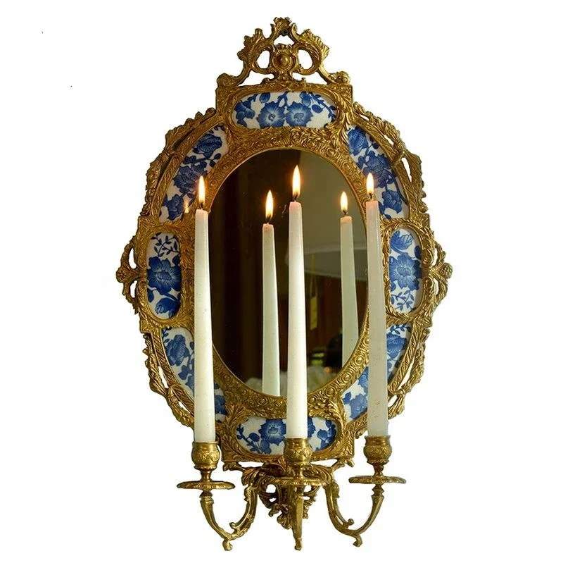 Household wall brass pendant ceramic oval hanging mirror candle holder