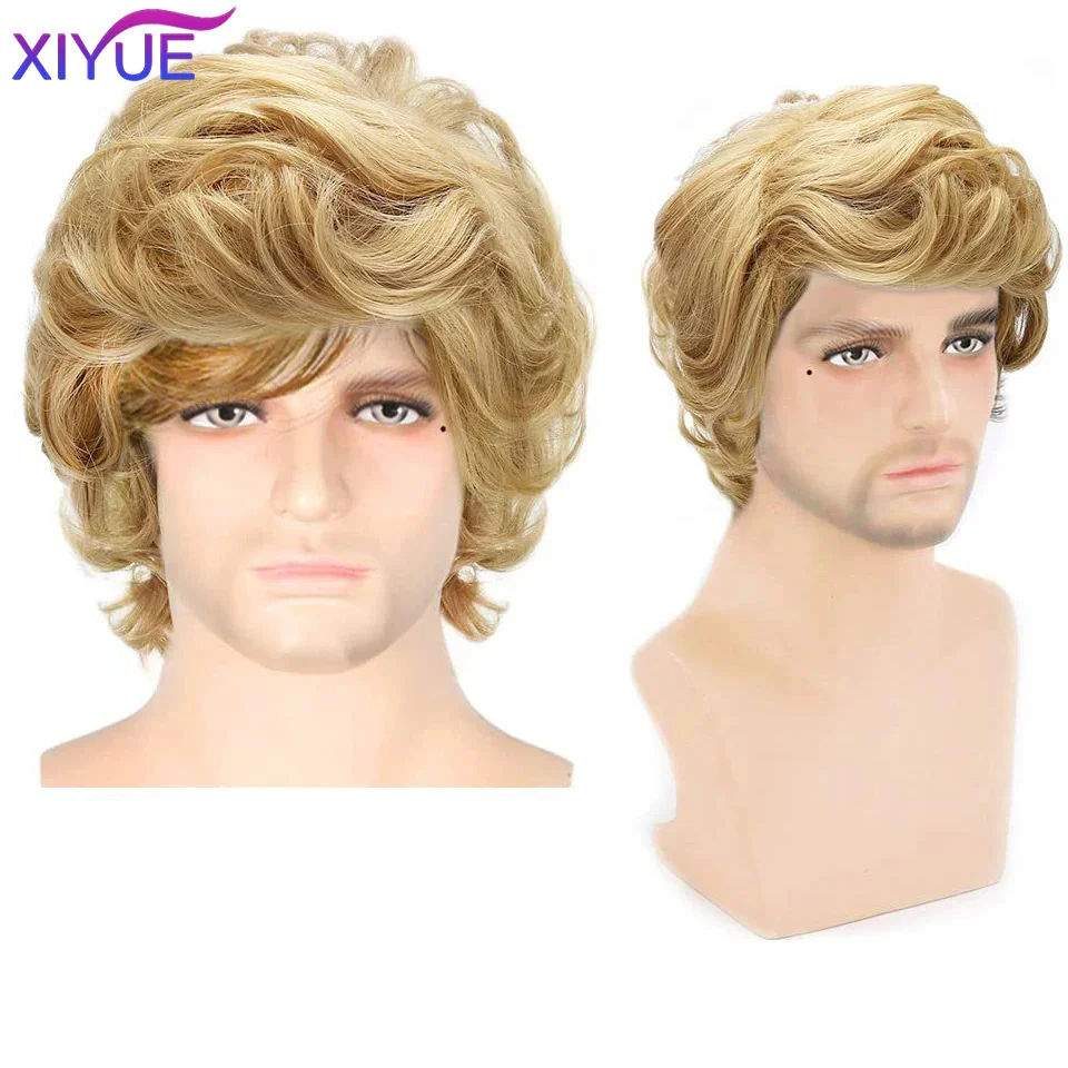 

XIYUE Short Golden Blonde Synthetic Wigs for Men Natural Wigs with Bangs for Male Guys Christmas Party Fiber Fake Hair Wigs