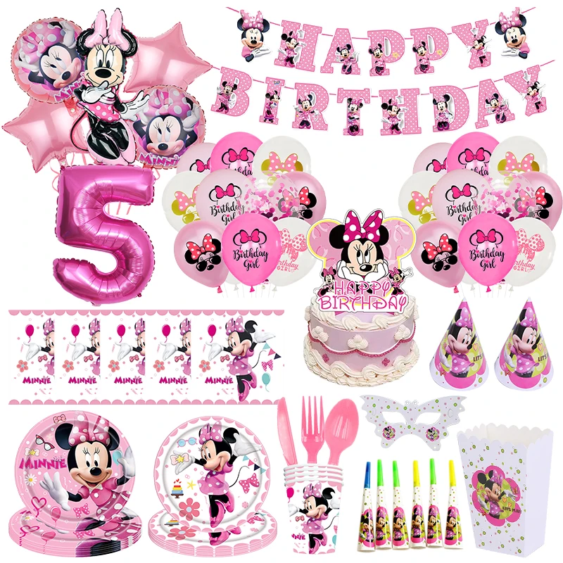 Disney Minnie Mouse Party Decorations Birthday Supplies Tableware Cup Plate Napkin Minnie Balloons Banner Backdrop Theme Event