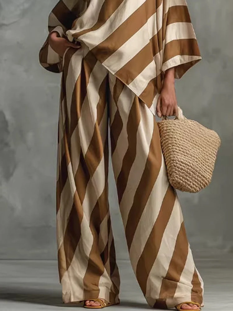 

Summer Fashion Loose Casual Pant Sets for Women Diagonal Stripe One Shoulder Batwing Sleeve Top Wide Leg Pants Set Boho Suit
