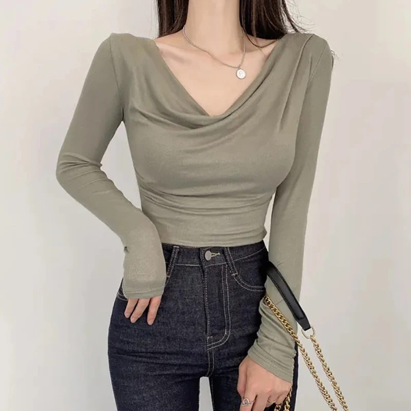 T-Shirts 2023 Autumn Elastic Crop Tops Women T Shirt Cotton Womens Clothes Slim Long Sleeve Tee Shirt Femme Camisetas De Mujer