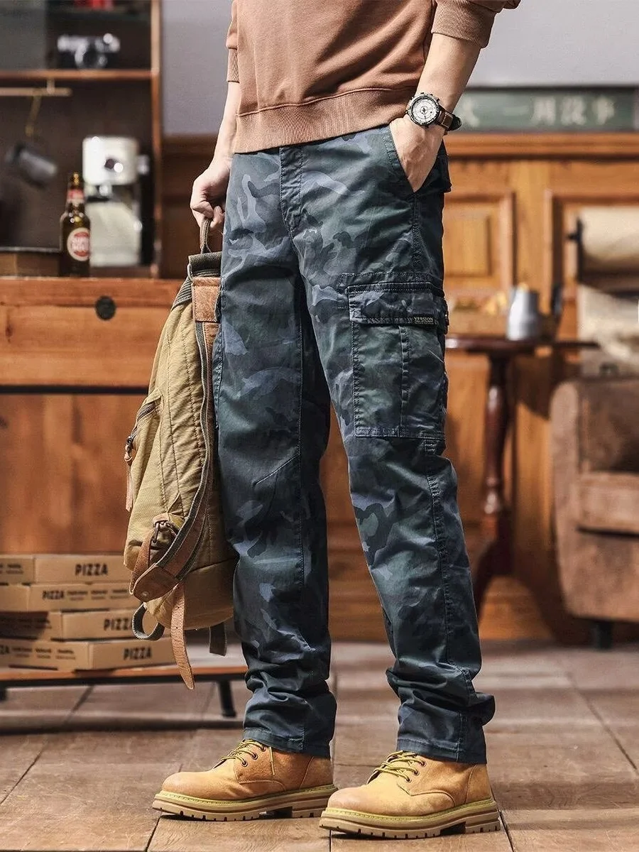 Men's Casual Camouflage Work Trousers Straight Leg Loose Fit Spring Autumn Winter Wear Comfortable Cotton Long Pants