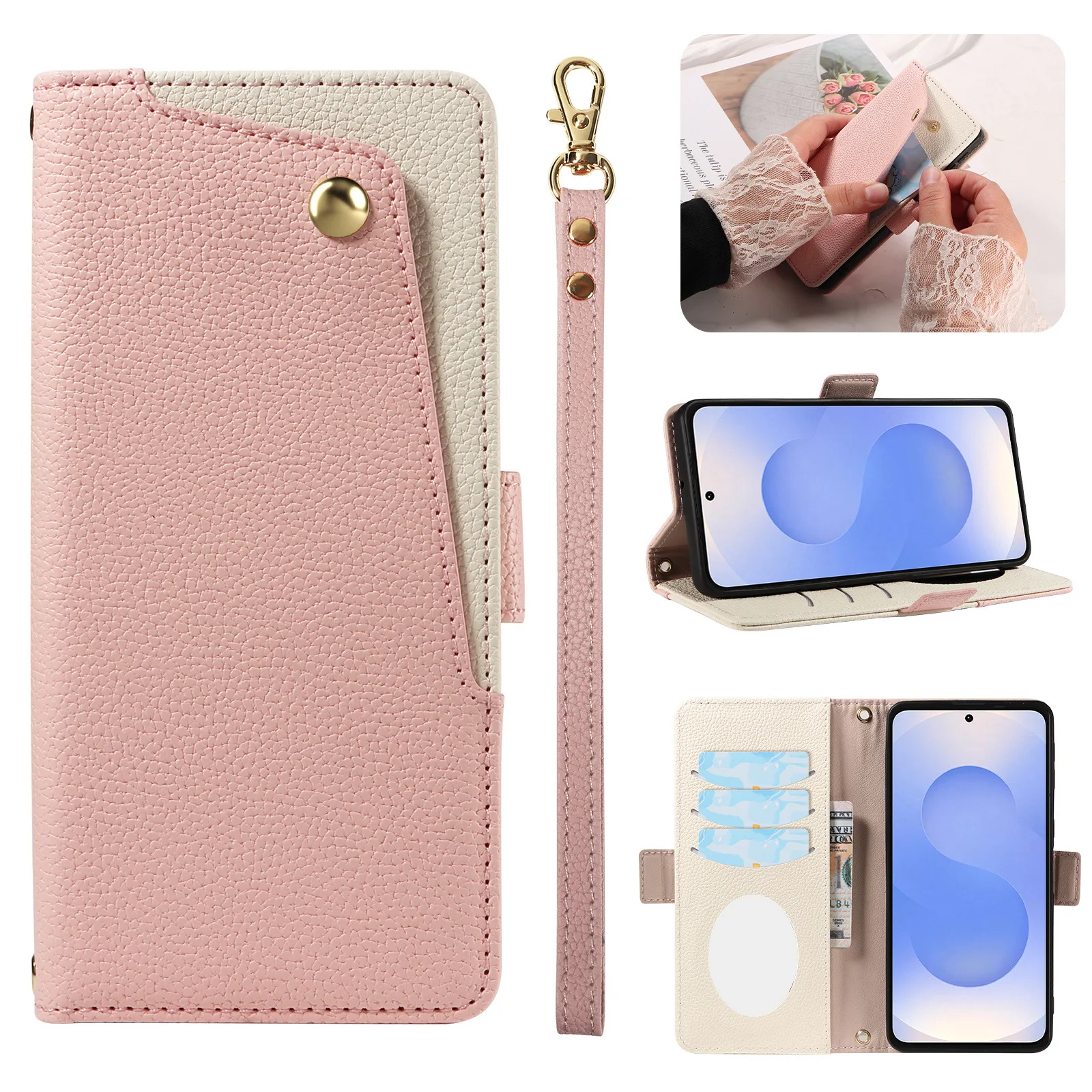 

Make Up Mirror Card Slot Flip Wallet Lychee Leather Case Cover With Hand Strap For Samsung Galaxy S26 S25 S24 S23 Ultra Plus FE