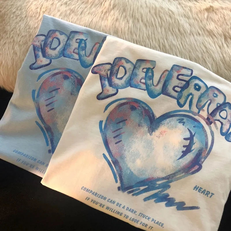 المرأة Y2K الشارع بارك رسالة طباعة قصيرة الأكمام الرجعية كبيرة تي شيرت المعتاد رداء علوي فضفاض مستديرة الرقبة الحب المرأة تي شيرت