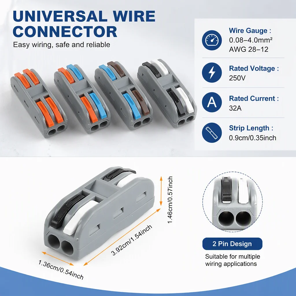 25/50PCS Universal Wire Cable Connectors Push-in Conductor Wiring Terminal Block Lever Crimp Splitter 2 In 2 Out Junction Box
