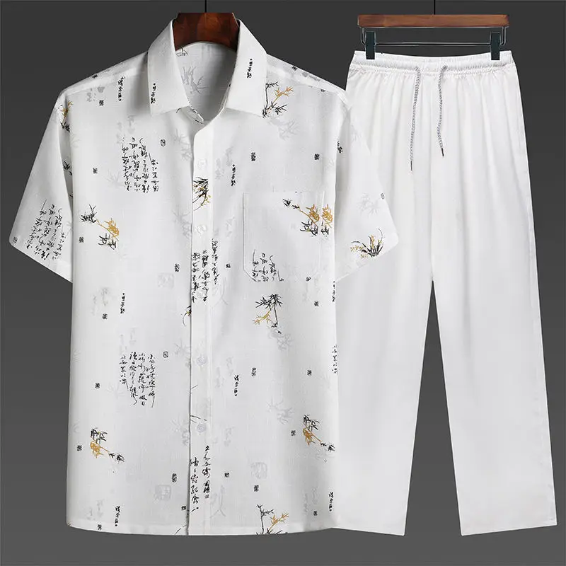 Print Leaves Male Short Sleeve Tang Suit Vintage Man Cotton Hanfu Clothing With Pocket Casual 2PCS Shirt&Pants Kong Fu Set