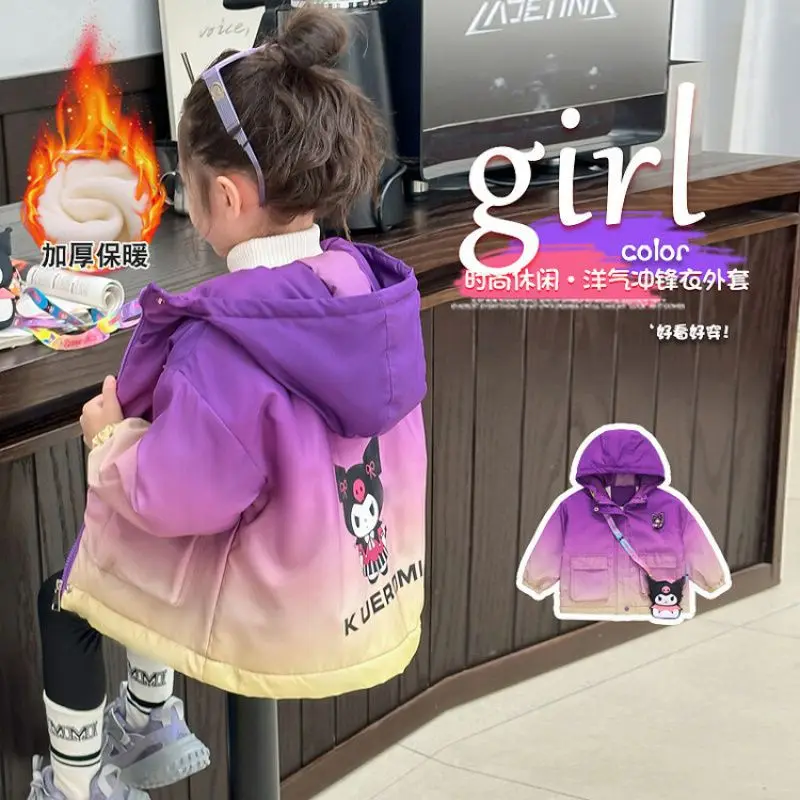 Girl Kuromi Gradient Velvet Thicken Windbreaker Coat Sanrios Anime Autumn Winter New Child Clothing Girl Winter Cotton Clothes