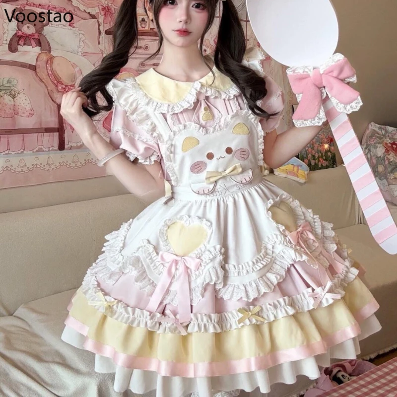 

Japanese Sweet Lolita Princess Dress Women Vintage Cute Cartoon Lace Ruffles Bow Kawaii Dress Girls Y2k Tea Party Mini Dresses