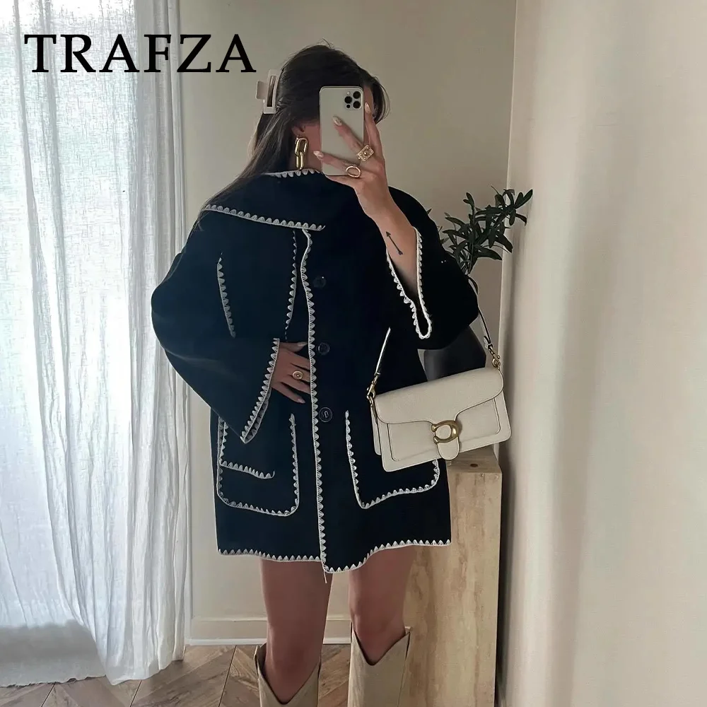 TRAFZA 2024 Women Autumn Winter Casual Zigzag Scarf Collar Jackets Fashion Loose Streetwear Elegant Demi-season Jacket For Women