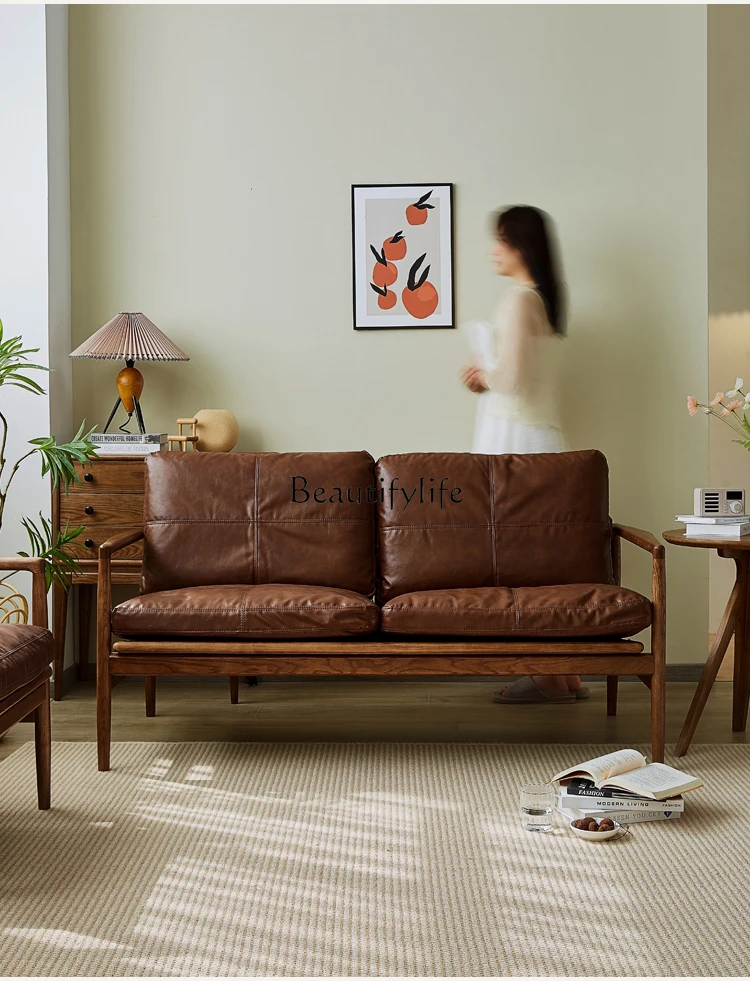 

-*Retro solid wood leather sofa living room straight row double triple top layer cowhide