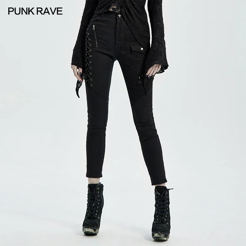 PUNK RAVE Women\'s Punk Daily Dark Denim Trousers Gothic Stitching Printed Skinny Pants Eyelet Through Rope and Zipper Design