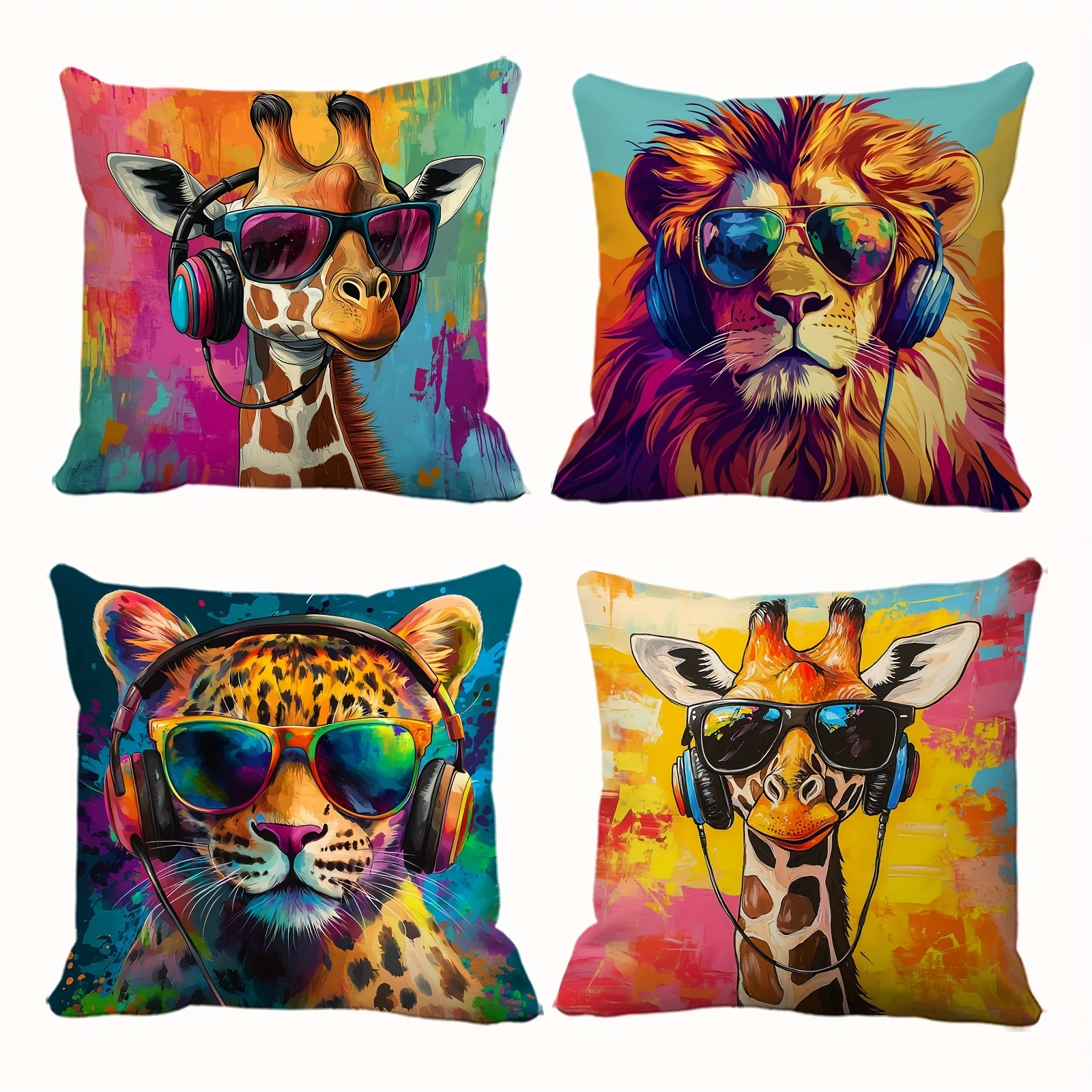 4-Pack Cool Animal Pillow Covers, Giraffe Lion Leopard Decorative Cushion Cases for Trendy Party, Sofa and Home Gallery Decor
