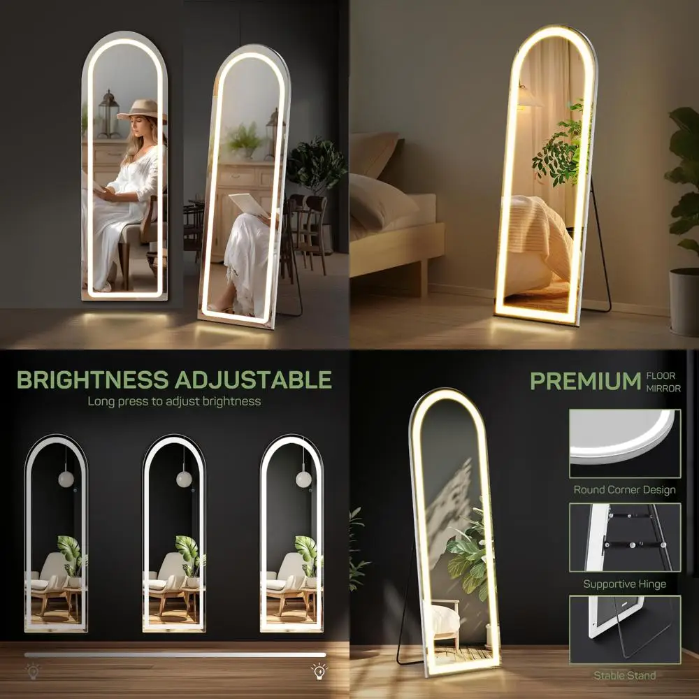 Espelho de piso arqueado iluminado por LED, comprimento total 16 x 60 polegadas, autônomo ou montado na parede, espelho alto de arco inclinado com suporte,