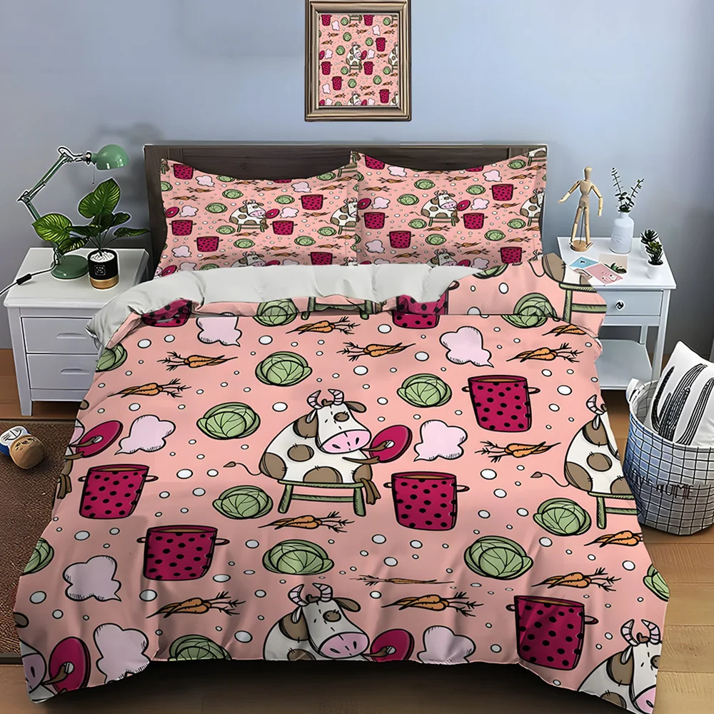 Cartoon cows and vegetable pattern Bedding Set for Kids Luxury Gift 3pcs Digital Print Comforter Set Soft Comfortable Breathable