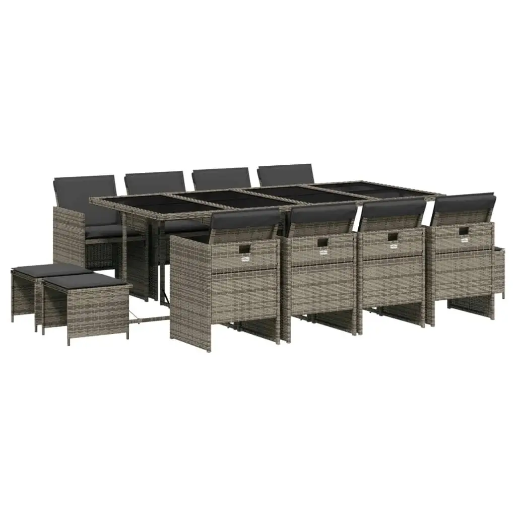 13-Piece Outdoor Dining Set with Cushions, Gray Poly Rattan Furniture for Patio and Garden