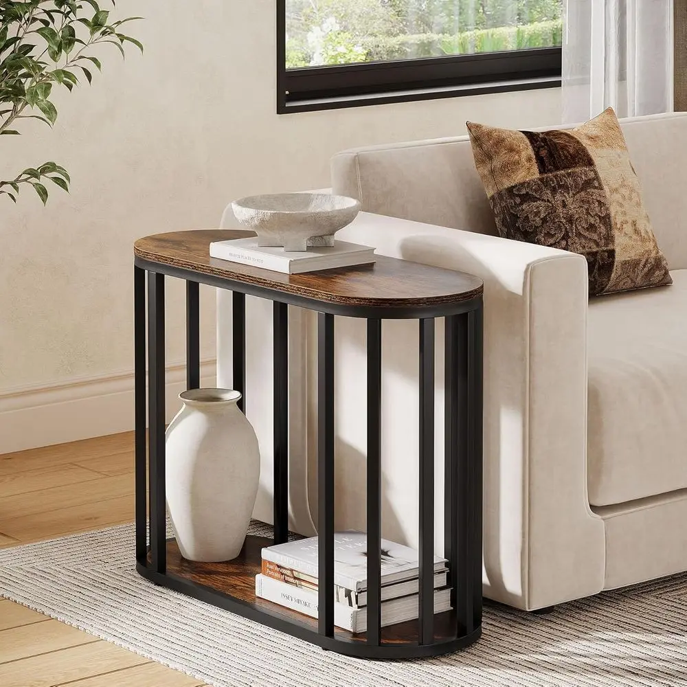 

Rustic 2-Tier Industrial Side Table with Storage, Brown, for Bedroom or Living Room, 31.5D x 11.81W x 23.62H