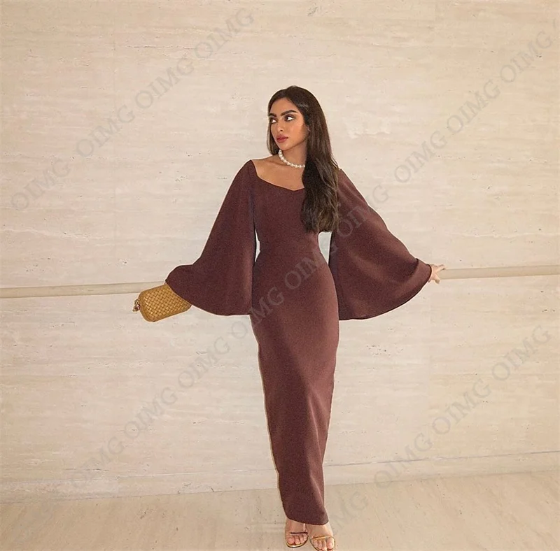 OIMG Vintage Dark Brown Prom Dresses Long Sleeve Beach Saudi Arabic Evening Gown for Women Formal Party Dress فساتين الحفلات