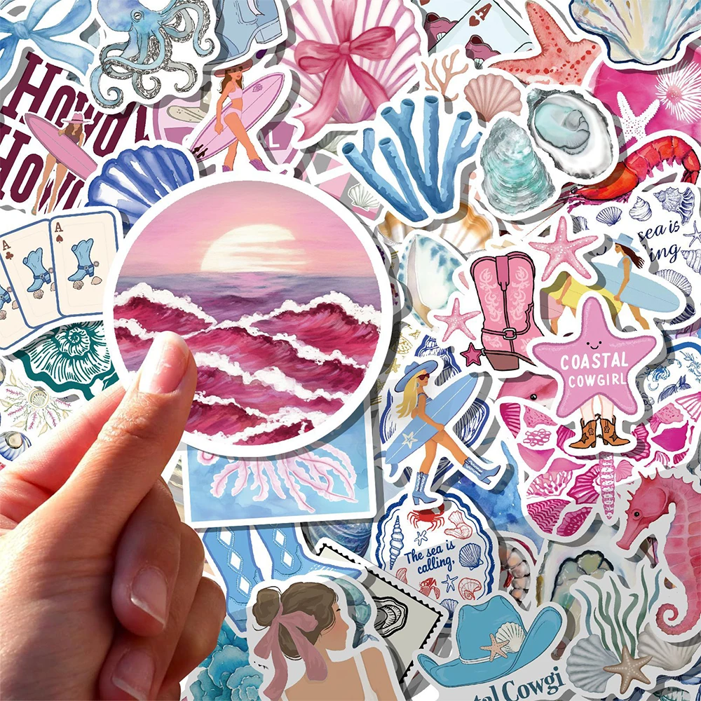 

10/30/50/100pcs Blue and Pink Coast Life Aesthetic Stickers Cute Sea Animal Cartoon Decals for Luggage Phone Guitar Sticker Toys